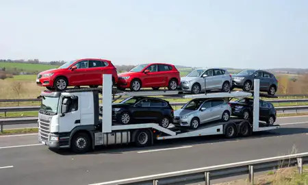 Multi-level car carrier on the motorway to Redhill, Surrey, United Kingdom