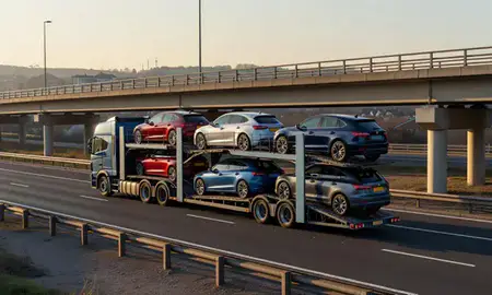 Car transporter with the Redhill, Surrey, United Kingdom skyline behind it