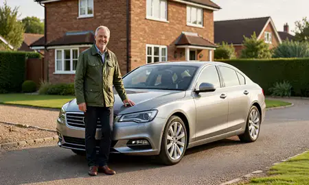 Customer with their delivered car in Walton-on-Thames, Surrey, United Kingdom