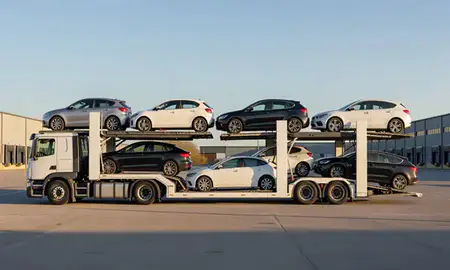 Car transporter parked in an industrial area of Woking, Surrey, United Kingdom