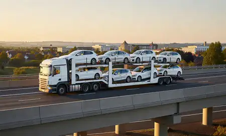 Car transporter with the Woking, Surrey, United Kingdom skyline behind it
