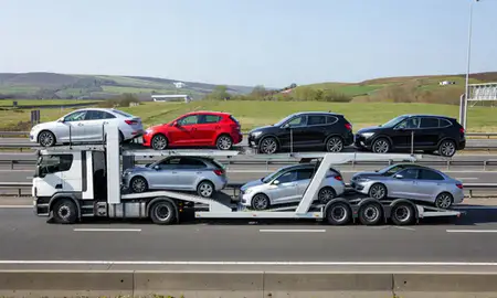 Multi-level car carrier on the motorway to Tyne and Wear, United Kingdom