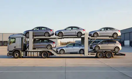 Car transporter parked in an industrial area of Tyne and Wear, United Kingdom