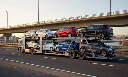 Car transporter with the Tyne and Wear, United Kingdom skyline behind it