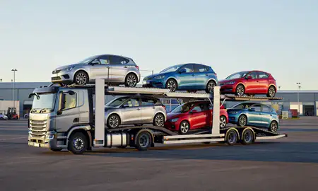 Car transporter loaded with vehicles in Gateshead, Tyne and Wear, United Kingdom
