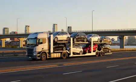 Car transporter with the Gateshead, Tyne and Wear, United Kingdom skyline behind it