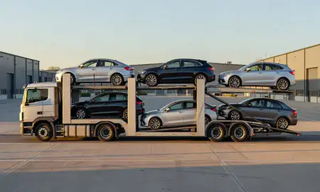 Car transporter parked in an industrial area of Jarrow, Tyne and Wear, United Kingdom