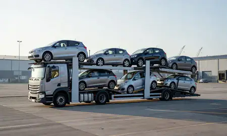 Car transporter loaded with vehicles in Jarrow, Tyne and Wear, United Kingdom