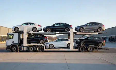 Car transporter parked in an industrial area of Longbenton, Tyne and Wear, United Kingdom