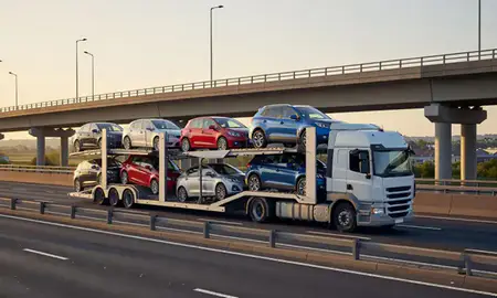 Car transporter with the Longbenton, Tyne and Wear, United Kingdom skyline behind it