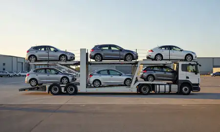 Car transporter parked in an industrial area of Newcastle upon Tyne, Tyne and Wear, United Kingdom