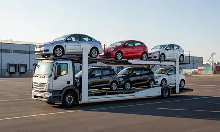 Car transporter loaded with vehicles in Newcastle upon Tyne, Tyne and Wear, United Kingdom