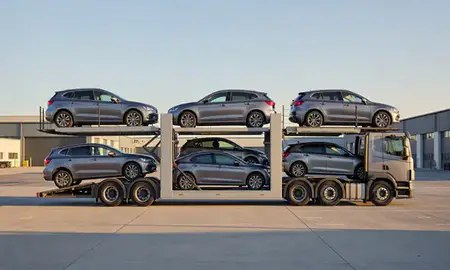 Car transporter parked in an industrial area of South Shields, Tyne and Wear, United Kingdom
