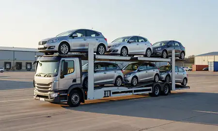 Car transporter loaded with vehicles in South Shields, Tyne and Wear, United Kingdom