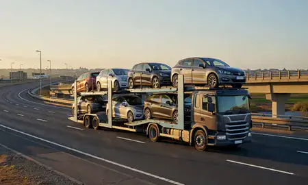 Car transporter with the South Shields, Tyne and Wear, United Kingdom skyline behind it