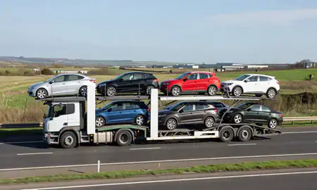 Multi-level car carrier on the motorway to Sunderland, Tyne and Wear, United Kingdom