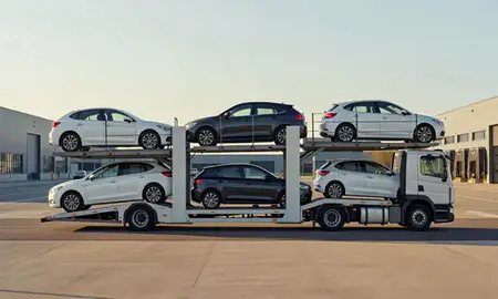 Car transporter parked in an industrial area of Sunderland, Tyne and Wear, United Kingdom