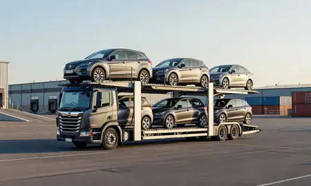 Car transporter loaded with vehicles in Sunderland, Tyne and Wear, United Kingdom