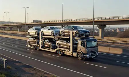 Car transporter with the Sunderland, Tyne and Wear, United Kingdom skyline behind it