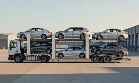 Car transporter parked in an industrial area of Tynemouth, Tyne and Wear, United Kingdom