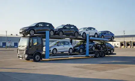 Car transporter loaded with vehicles in Tynemouth, Tyne and Wear, United Kingdom
