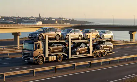 Car transporter with the Tynemouth, Tyne and Wear, United Kingdom skyline behind it