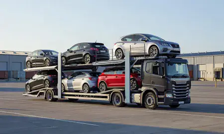 Car transporter loaded with vehicles in Wallsend, Tyne and Wear, United Kingdom
