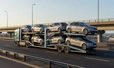 Car transporter with the Wallsend, Tyne and Wear, United Kingdom skyline behind it