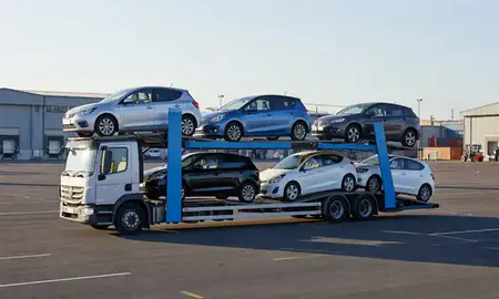 Car transporter loaded with vehicles in Washington, Tyne and Wear, United Kingdom
