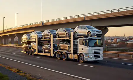 Car transporter with the Washington, Tyne and Wear, United Kingdom skyline behind it