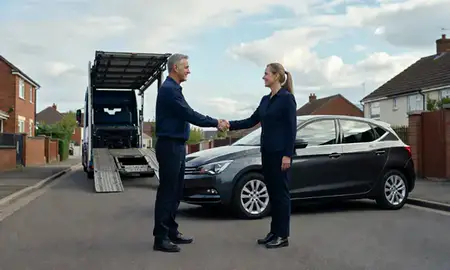 Vehicle owner beside their delivered car in Whitley Bay, Tyne and Wear, United Kingdom
