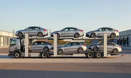 Car transporter parked in an industrial area of Whitley Bay, Tyne and Wear, United Kingdom
