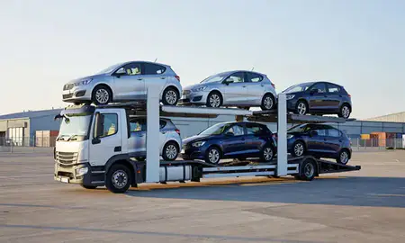 Car transporter loaded with vehicles in Whitley Bay, Tyne and Wear, United Kingdom