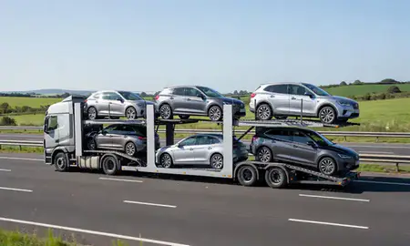 Multi-level car carrier on the motorway to Warwickshire, United Kingdom