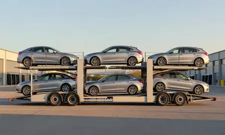 Car transporter parked in an industrial area of Warwickshire, United Kingdom
