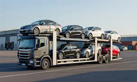 Car transporter loaded with vehicles in Warwickshire, United Kingdom
