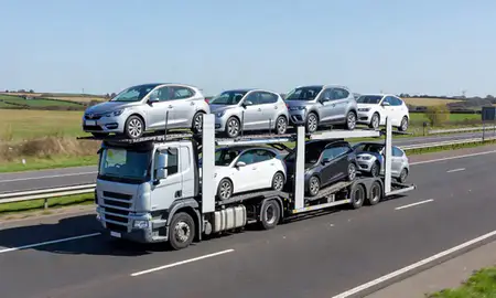 Multi-level car carrier on the motorway to Nuneaton, Warwickshire, United Kingdom
