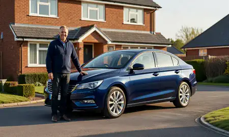 Customer with their delivered car in Nuneaton, Warwickshire, United Kingdom
