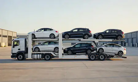 Car transporter parked in an industrial area of Nuneaton, Warwickshire, United Kingdom