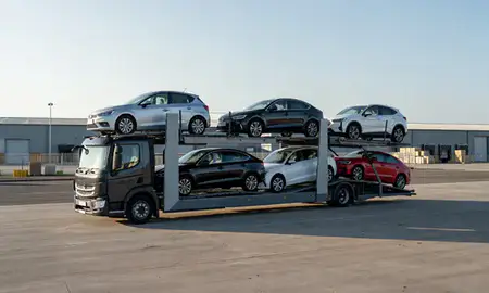 Car transporter loaded with vehicles in Nuneaton, Warwickshire, United Kingdom