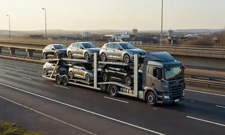 Car transporter with the Nuneaton, Warwickshire, United Kingdom skyline behind it