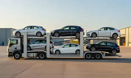 Car transporter parked in an industrial area of Royal Leamington Spa, Warwickshire, United Kingdom