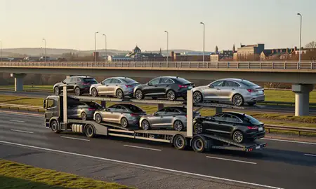 Car transporter with the Royal Leamington Spa, Warwickshire, United Kingdom skyline behind it