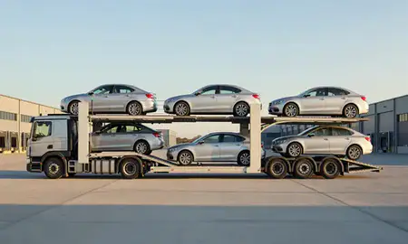 Car transporter parked in an industrial area of Rugby, Warwickshire, United Kingdom