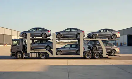 Car transporter parked in an industrial area of West Glamorgan, United Kingdom