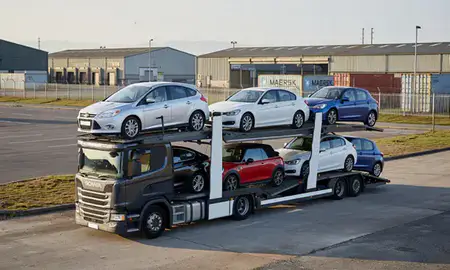 Car transporter loaded with vehicles in West Glamorgan, United Kingdom