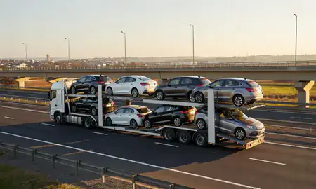 Car transporter with the West Glamorgan, United Kingdom skyline behind it