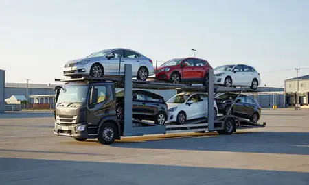 Car transporter loaded with vehicles in Neath, West Glamorgan, United Kingdom