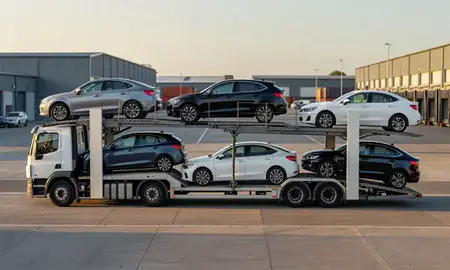 Car transporter parked in an industrial area of Swansea, West Glamorgan, United Kingdom