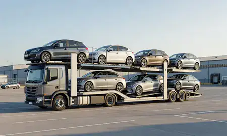 Car transporter loaded with vehicles in Swansea, West Glamorgan, United Kingdom